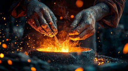 Naklejka premium Ancient Chinese artisan pouring molten bronze into a glowing mold, surrounded by fiery sparks and intense craftsmanship in a dimly lit workshop