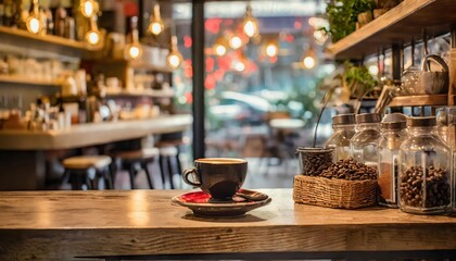 A captivating coffee shop photograph showcasing a cozy shelf and table arrangement, inviting ambiance, and perfect lighting that create the ideal environment for relaxation and meaningful
