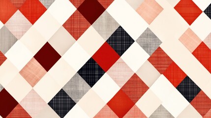 Abstract geometric pattern featuring overlapping squares in red, black, and beige tones with textured fabric-like appearance creating a plaid design.