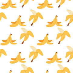 Open ripe banana and its peel seamless pattern. Yellow tropical fruit bananas repeating backdrop. Vector illustration isolated on white background
