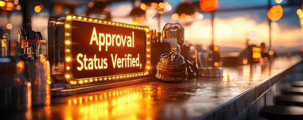 A glowing sign reading "Approval Status Verified" on a bar counter, set against a beautiful sunset background with soft lighting.