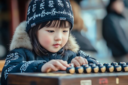 Concentrated korean girl playing yut nori, a traditional korean board game using four wooden sticks
