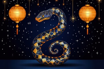 2025 Lunar New Year concept with lanterns and snake zodiac. Colorful snake design with lanterns against a starry background