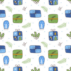Seamless Christmas pattern with snow blue glass ball, gift box, spruce twig and holly berry. Snowing. Colorful vector illustration hand drawn doodle. Festive winter season print, New Year holiday