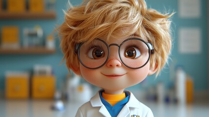 Cheerful Cartoon Boy with Glasses in Classroom Science Technology and Learning 3D Cartoon