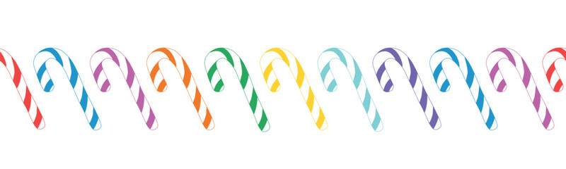 Festive seamless border banner featuring striped Christmas candy canes, lollipops. For holiday greetings, invitations, advertisements, seasonal decorations, creative designs for Christmas and New Year