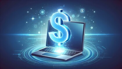 Obraz premium Holographic Dollar Sign Floating Above Laptop Symbolizing Digital Finance and Online Transactions
