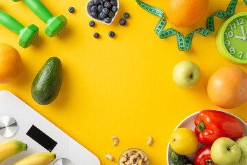 A vibrant display of fruits, vegetables, dumbbells, and a clock on a bright yellow background, symbolizing healthy living and fitness