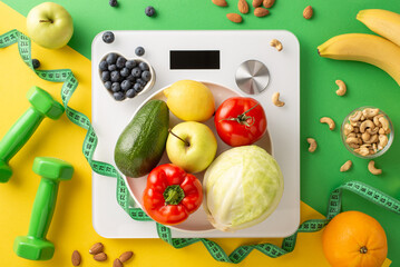 A variety of fresh fruits and vegetables arranged on a digital scale, symbolizing a healthy lifestyle and balanced diet, with fitness equipment and nuts in the background