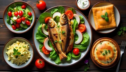Selection of traditional greek food - salad, meze, pie, fish, tzatziki, dolma on wood background, top view