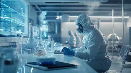 A chemical reactor in a clean lab environment, with a chemist in protective gear analyzing data