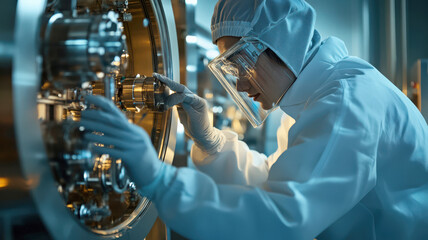 Fototapeta premium An electrical engineer testing advanced robotics with polished, high-tech equipment in a clean space