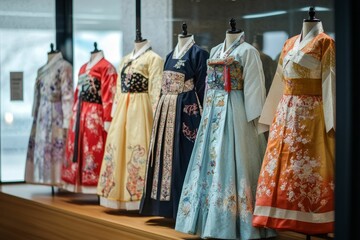 Ornate Hanbok dresses displayed on mannequins.