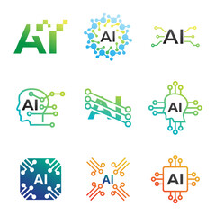 Set of Artificial intelligence AI processor chip icon.