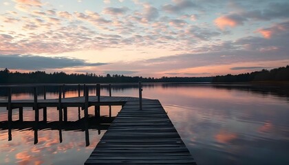Fototapeta premium Subtle pastel candy-colored skies during early evening reflecting over an enchanted lake, with a wooden pier extending into the water, ideal for fishing
