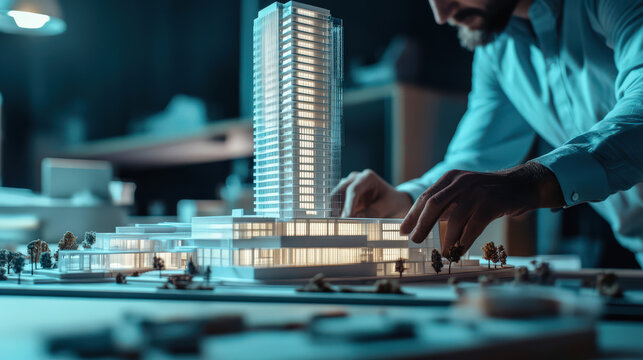 a structural model of a skyscraper with civil engineers analyzing miniature designs