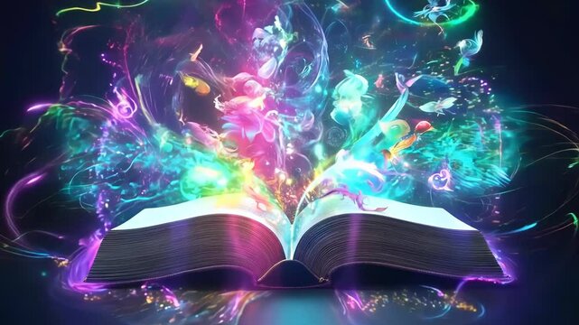 Mystical fairytale open book with glowing magical particles coming from pages. Creative writing, fantasy reading genre visualization concept. Magical novel, wisdom, inspiration. Witchcraft literature.