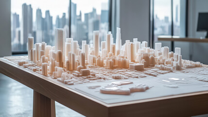 Urban planning tools on a sleek drafting table, surrounded by 3D-printed cityscape models