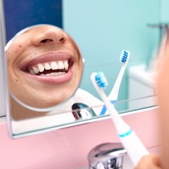 Dental Care Toothbrush With Happy Smiling Person In Pastel Bathroom