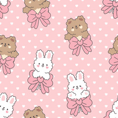 Cute bunny and bear with a bow on a pink background with hearts texture, kawaii animals valentines	
