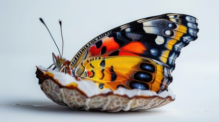 A beautiful butterfly emerging from a cocoon, spreading its colorful wings on a white background