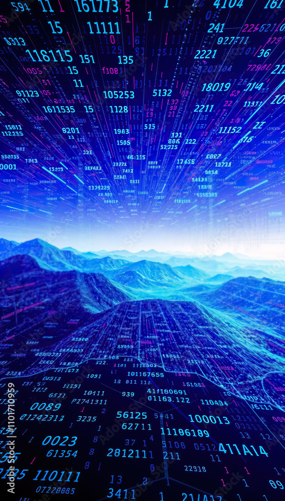 Aufkleber futuristic digital landscape with glowing binary codes technology innovation abstract virtual grid high-tech network futuristic concept vertical format