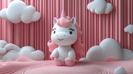 Adorable Unicorn Surrounded by Fluffy Clouds in Dreamy Pink Setting 3D Cartoon