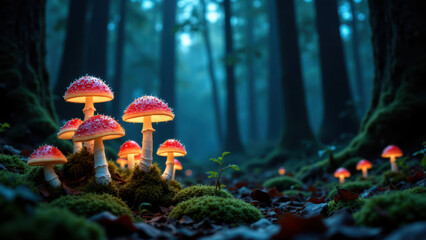 Fototapeta premium A fantasy forest scene with glowing mushrooms at night.