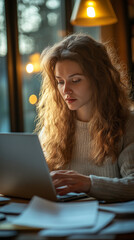 Focused woman working on laptop by warm evening light