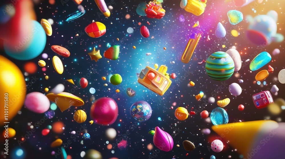Poster Colorful Objects Floating In A Starry Galaxy