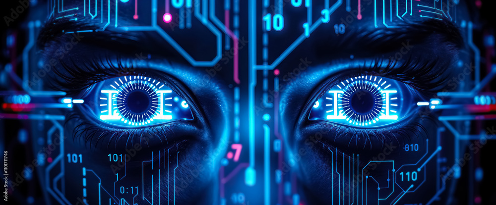 Poster glowing digital robotic eyes artificial intelligence cybernetic design sci-fi futuristic concept high-tech innovation neural network technology