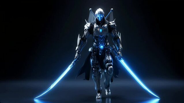 The humanoid walks while holding two swords