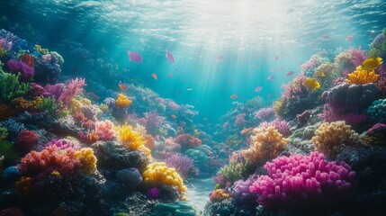 A coral reef ecosystem, teeming with marine life and vibrant colors


