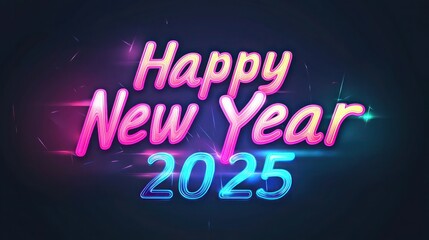Modern gradient "Happy New Year" and "2025" text transitioning from neon pink  to electric blue , featuring a subtle glow on a dark background for a high-energy look.
