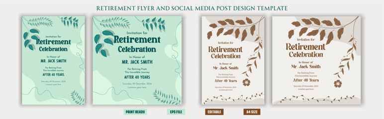 Retirement flyer. retirement poster. retirement banner. celebration flyer. boho. bohemian. vintage. free. editable. festive. happy retirement party flyer. clean. leaves. graphical elements print ready