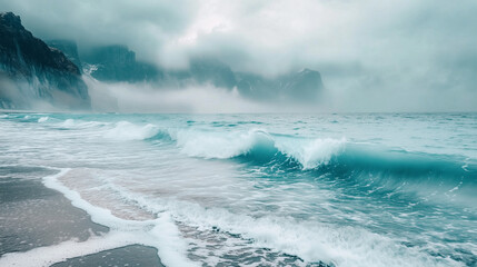 Fototapeta premium Misty waves crashing on a serene coastal beach