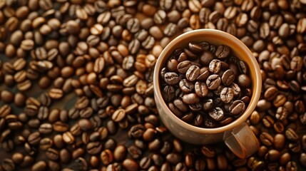 Fototapeta premium Coffee beans overflowing from a cup on a rustic background