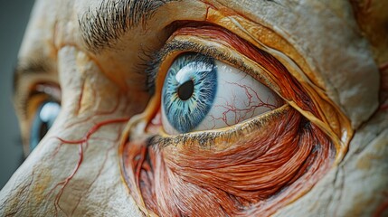 A detailed illustration of the human eye's anatomy, including muscles and nerves


