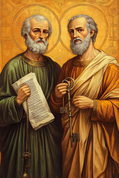 Icon of Saint Peter and Saint Paul, standing together with scrolls and keys, traditional Byzantine style, holding keys and a scroll in a golden background