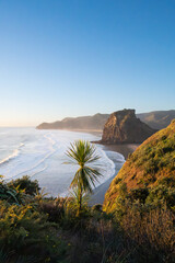 Beautiful sunset viewpoint of the South Piha Beach, Auckland, New Zealand