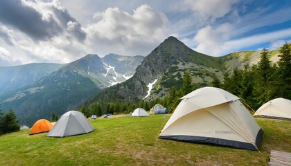 Tranquil Mountain Tourist Camp with Vibrant Tent in Foreground, Surrounded by Serene Wilderness, Towering Peaks, and Lush Greenery, Capturing the Spirit of Adventure and Outdoor Enthusiasts