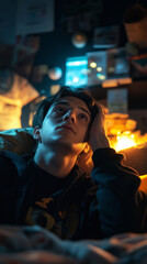 Obraz premium Young man lying on bed in moody room with warm lighting