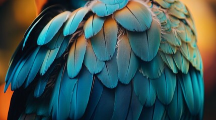 Fototapeta premium An up-close photograph of a Macaw parrot, revealing the intricate and vibrant patterns of its feathers. The vibrant colors