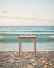 Table by the sea with sun and beach view.