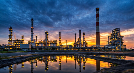 Industrial Refinery at Sunset with Reflective Water Surface and Dramatic Sky