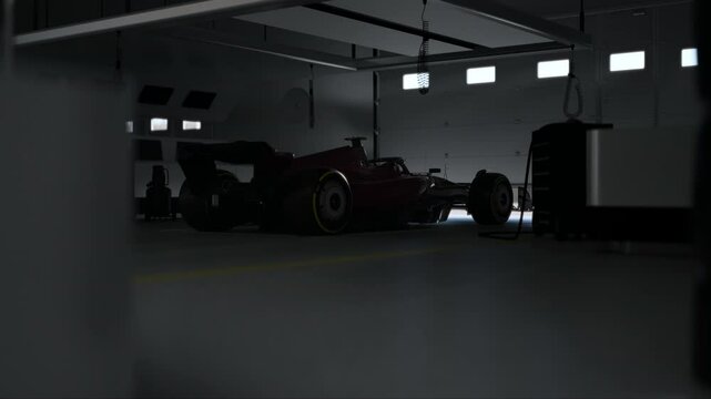 Silhouette of a race car in a dimly lit garage, garage door opens