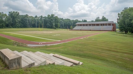 Obraz premium High school sports field featuring bleachers, running track, lush grass, and overcast sky