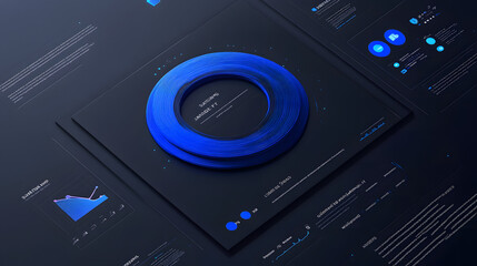 Fototapeta premium Intelligent Systems Efficiency Background: Blue 3D Curved Rings with Central Information Hub and Interactive Elements.