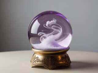 Purple Glowing Glass Snow Globe with Mystical Clouds and Swirling Smoke on Golden Stand.
