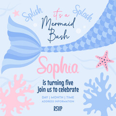 Birthday party intitation card with cute mermaid illustration. Template Birthday party invitation with time and place in marine style. Splish splash, it's a mermaid bash.